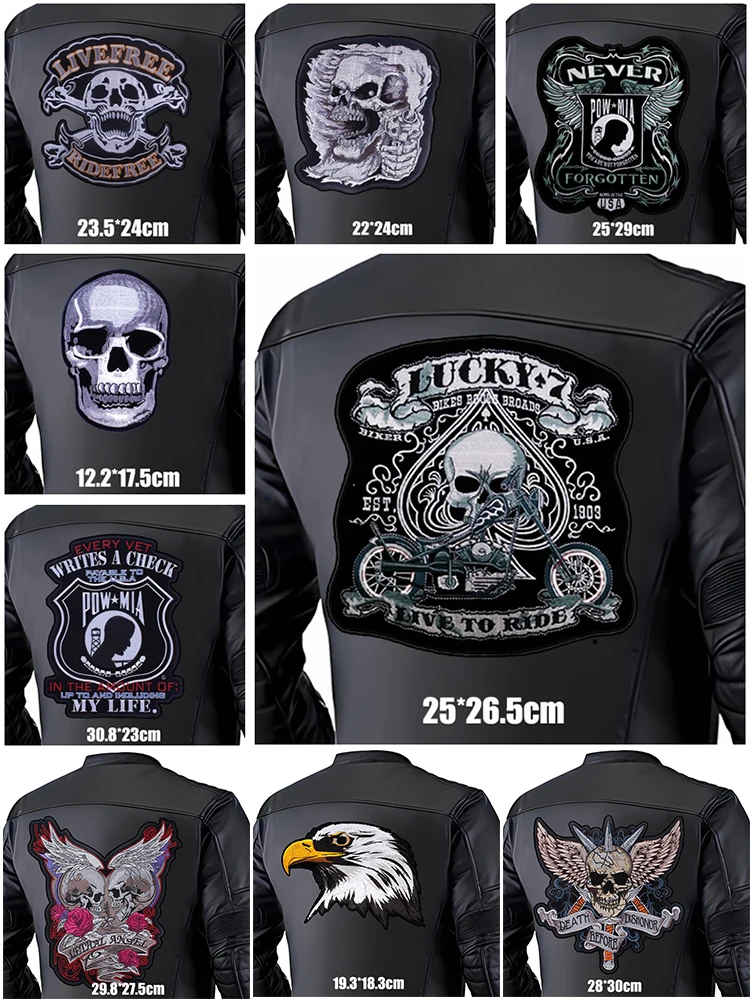 Large motorcycle biker back patches with skull, eagle, POW-MIA, and motorcycle embroidery for leather jackets