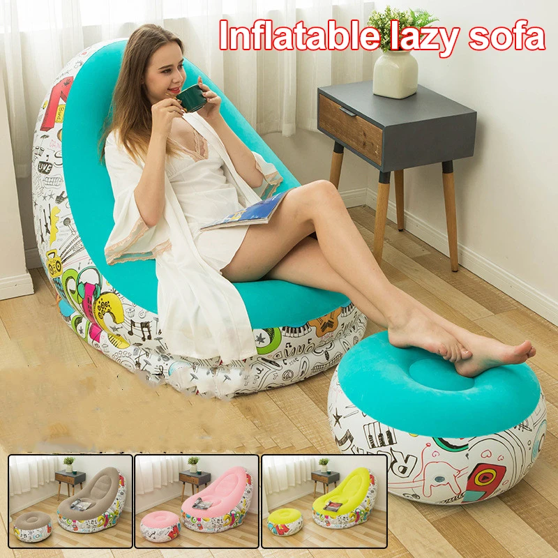 

Large Lazy Inflatable Sofa Chair Flocking Inflatable Recliner With Footstool Graffiti Lunch Recliner For Outdoor Garden Camping