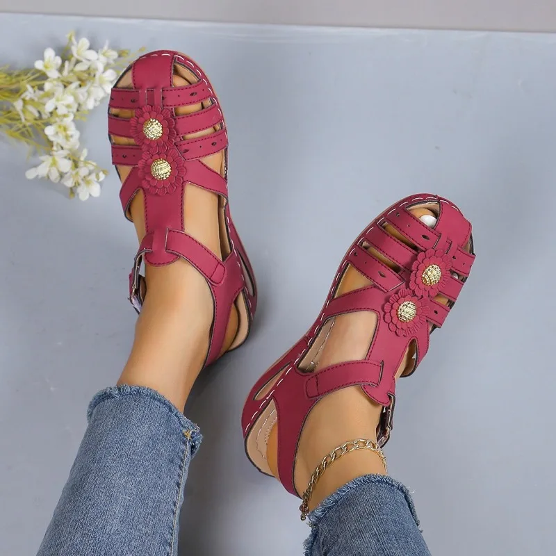 

Женские сандалии в стиле ретро, женские сандалии в этническом стиле, с цветочным принтом, с открытым носком, удобные и универсальные, новая модель