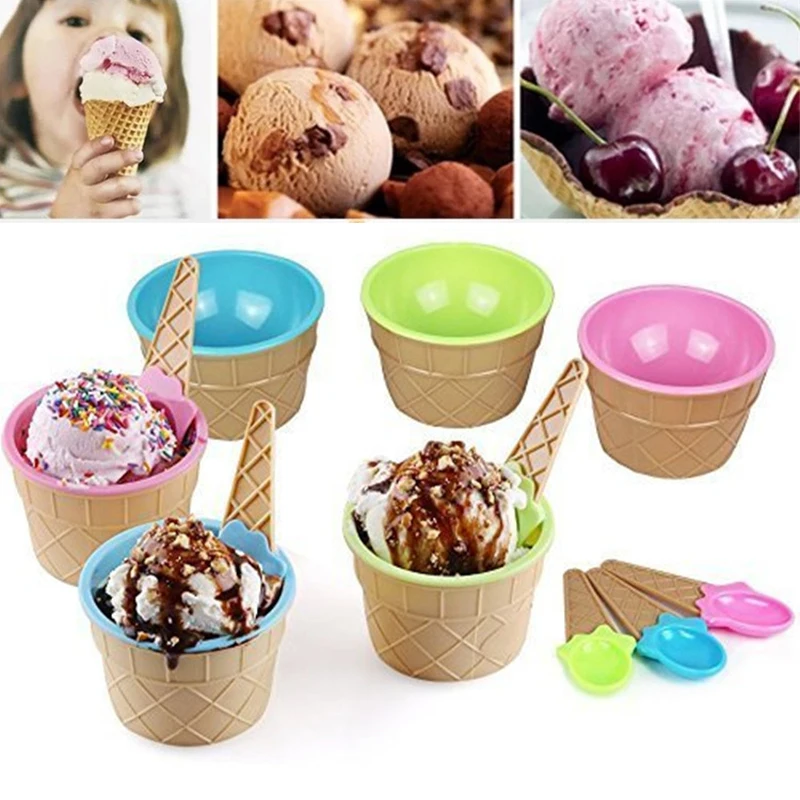 New Cute Creative Plastic Ice Cream Bowl Spoon Set Children Kids