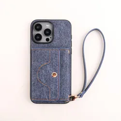Denim Textured TPU+PU Leather Case with Rope Hanging Mirror Card - iPhone 14 Pro (Dark Blue)