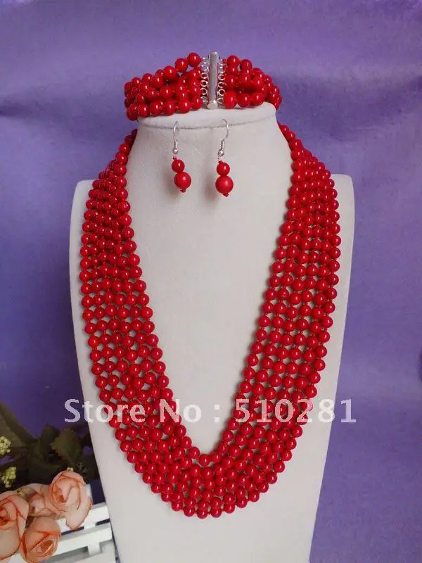 

7MM Fashion Luxury Handmake 20inch red color coral jewelry set