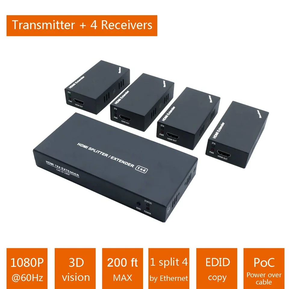 PWAY HDMI Splitter 1X4 HDMI Extender 60m 1 To 4 hdmiI Splitter Over Cat5e,cat6 with 1 Hdmi Input 4 RJ45 Output Full HD1080p