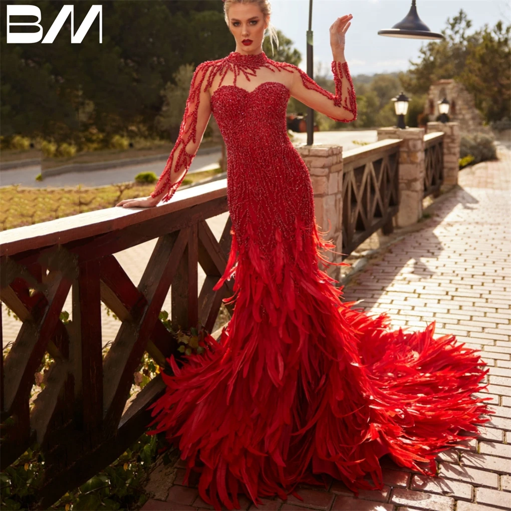 Luxury Feathered Mermaid Prom Dress Mermaid Beaded Evening Dress With Tulle Cape High Neck Long Sleeve Formal Evening Gown