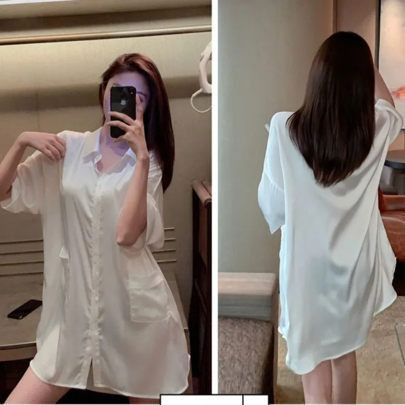 Nightdress Women Spring Summer Ice Silk Sexy Thin Sleepshirts White Shirt Internet Red Mid-length Artificial Silk Pajamas