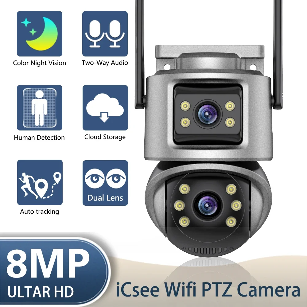 Icsee 4K Dual Lens Wifi Ptz Camera Outdoor 2 Way Audio Draadloze Cctv Bewakingscamera Auto Tracking Ip Cam Xmeye