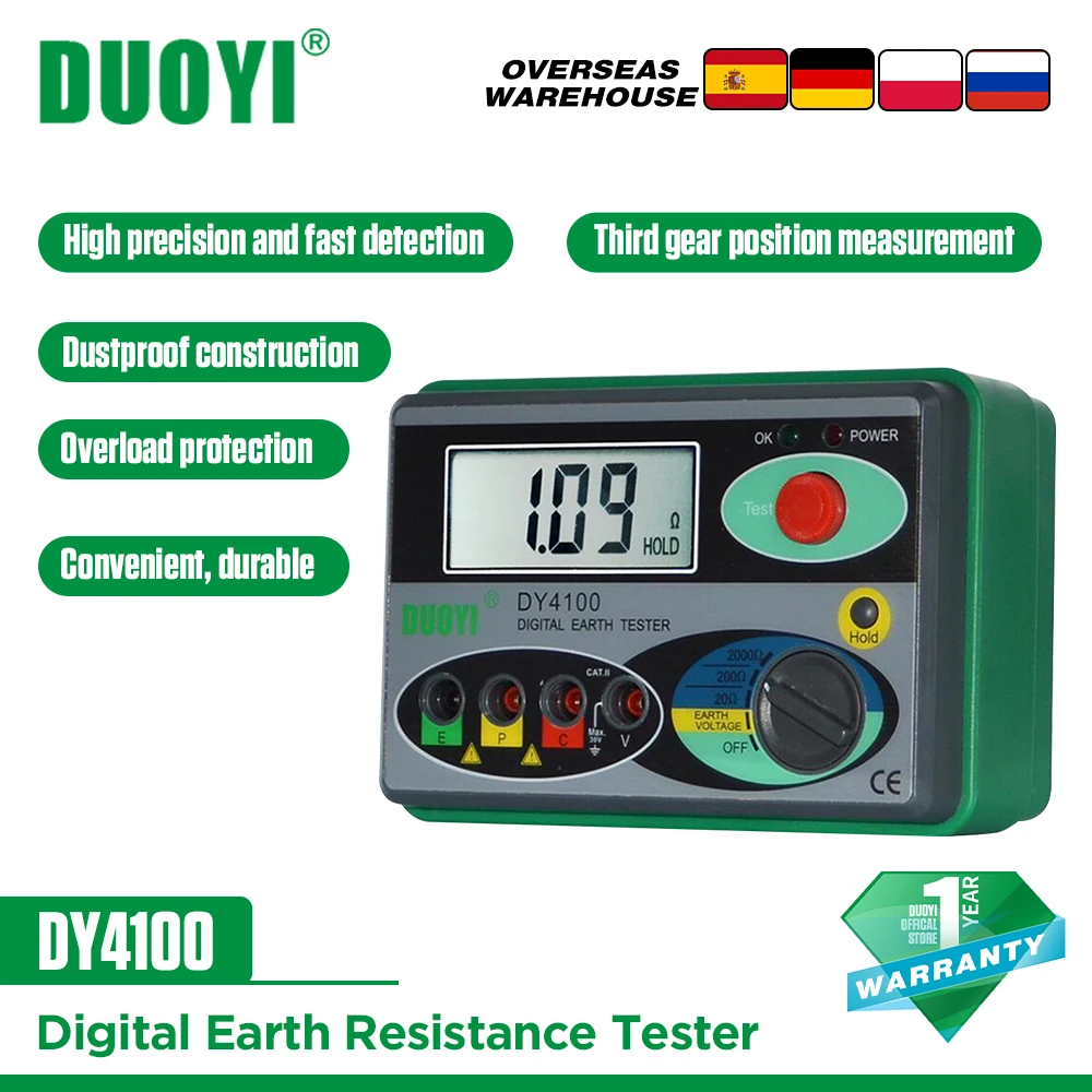 

DUOYI DY4100 Digital Earth Ground Resistance Meg-ohmmeter 0-2000 Ohm Instruments Inspection Electrician Resistance Tester