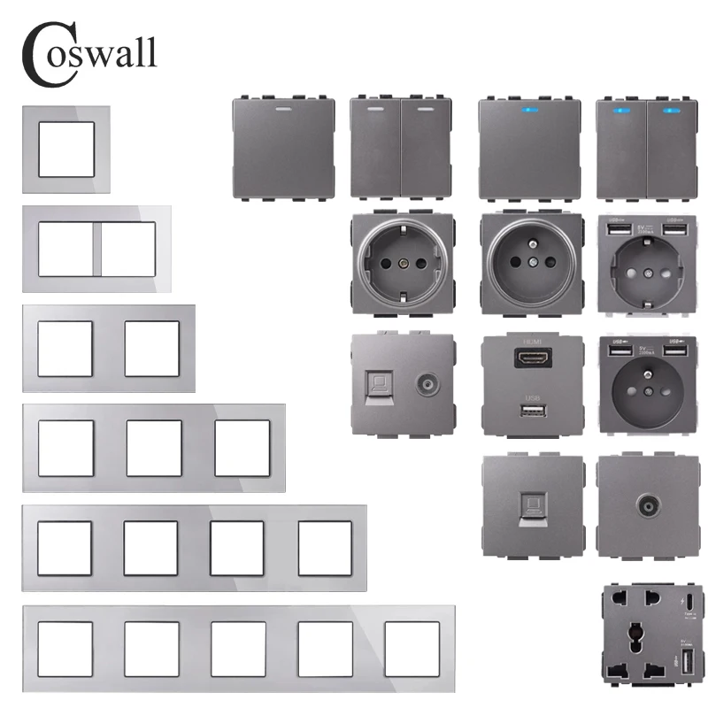 COSWALL Wall Switch Socket Module C1 Series, grey gray glass panel EU French socket HDMI compatible USB charger satellite TV RJ45 modules DIY