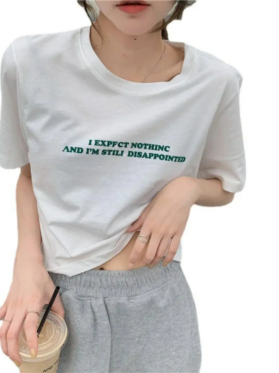 Summer  Loose ort Sve Letter Print Crop Top Women's T-irt Korean Sle Casual Commute round Ne Other Material 00%