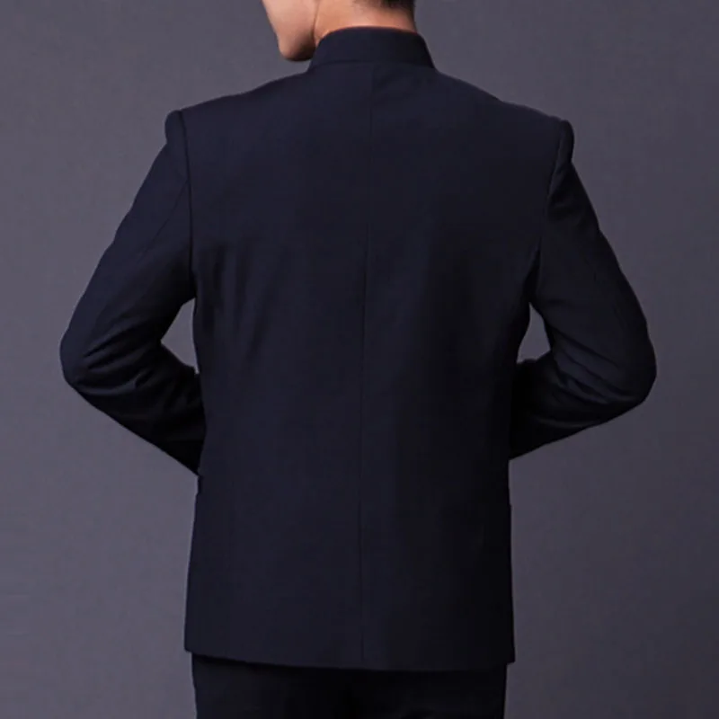 Stand Collar Men Navy Blue Tunic Suit 