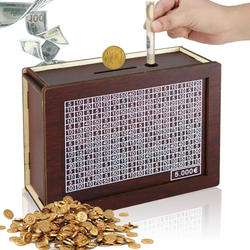 Piggy Bank Money Box Wooden Euro Cash Boxes Reusable With Savings Goals And Figures 1000/2000/3000/5000/10000 Euro wooden piggy bank,wooden money box,piggy bank,cash box,coin bank