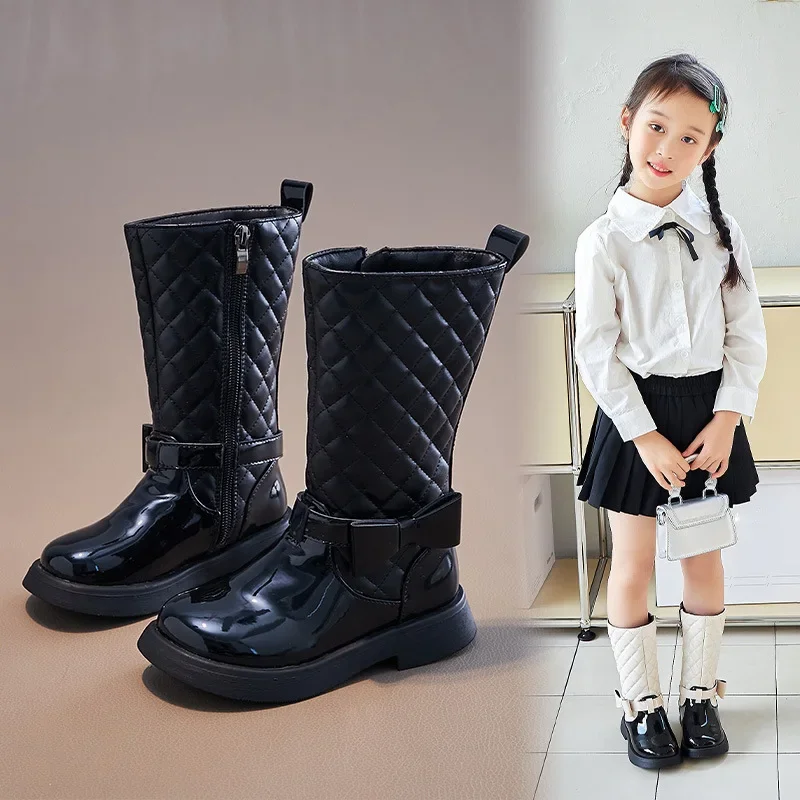 Girls Black Boots Glossy 2025 Side Zipper Children High Boots Bow Kids Versatile Casual Shoes for Catwalk Britain Style Non-slip