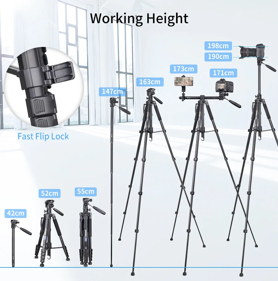 RT20H Professional Lightweight Travel Aluminum Tripod with Adjustable Head Horiz