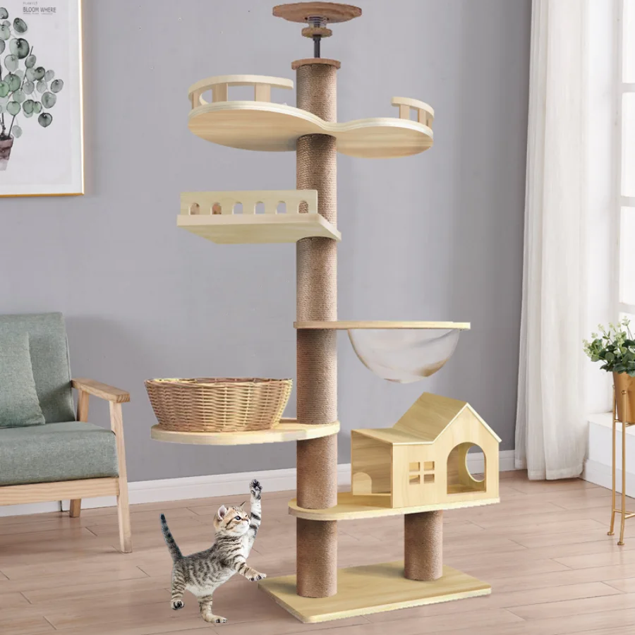Wielopoziomowa wieża sufitowa dla kota drewniana rama wspinaczkowa linka sizalowa drapak dla kota, łapy, okoń, kociaki, mieszkania