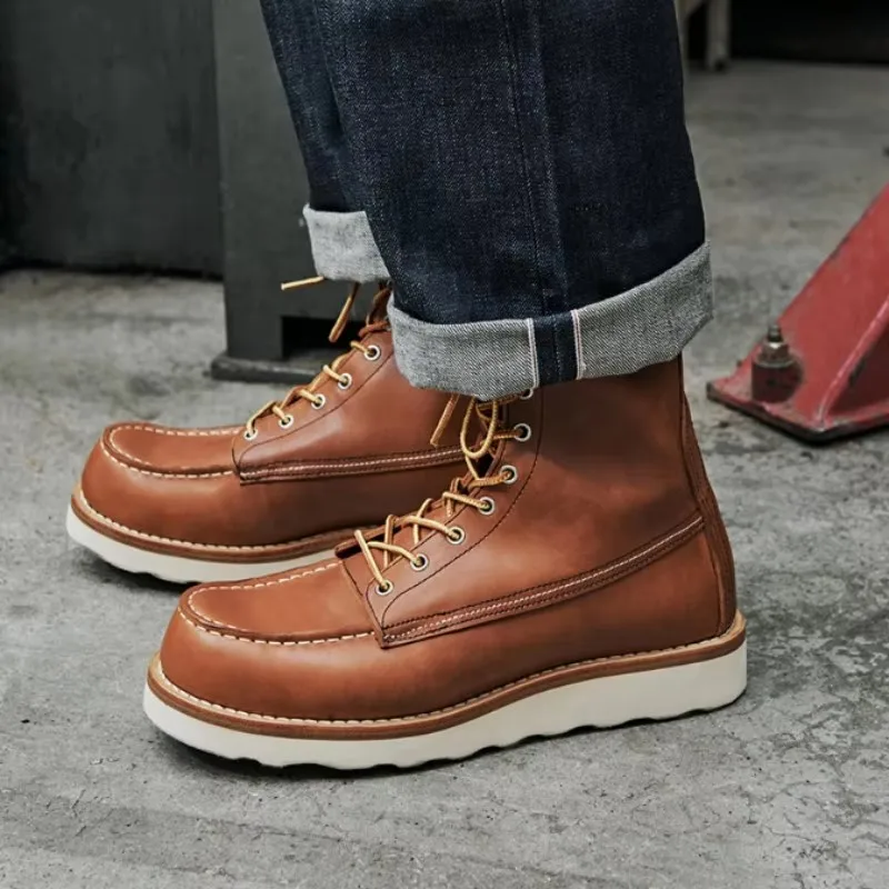 Handmade High Top Shoes Mens Vintage Round Toe Genuine Leather Casual Mid Calf Boots Spring Autumn Thick Platform Cowhide Boots