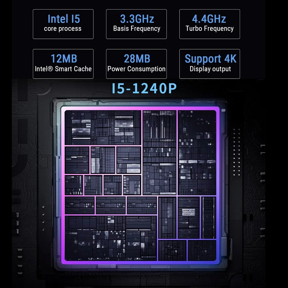 N1Pro Plus 미니 PC 인텔 I5-1240P 데스크탑 게이밍 컴퓨터, DDR4 RAM, WIFI6, BT5.2, PCIE, NVME GEN4x4, SATA3.0 SSD, 4K C타입