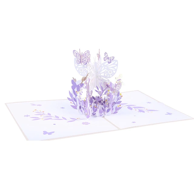 Carte popup d'anniversaire papillon violet, panier de fleurs