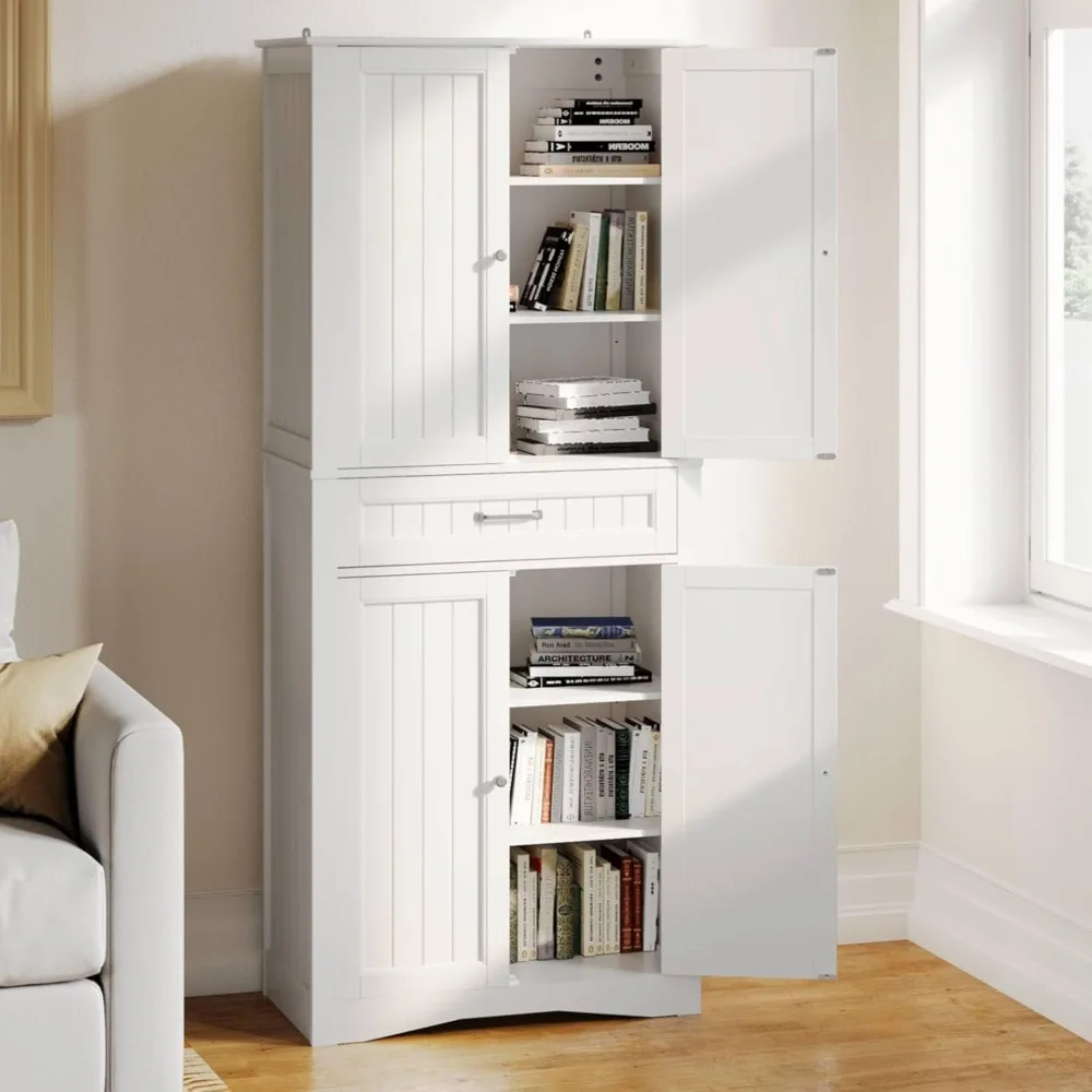 71'' Kitchen Pantry Storage Cabinet, Freestanding Cupboard with 4 Barn Doors and 4 Adjustable Shelves, Kitchen Cabinets