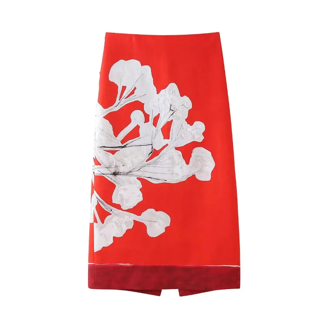 

Women's New Fashion Flower Decoration Casual Linen Blended Straight Midi Skirt Vintage High Waist Zipper Women's Skirt Mujer