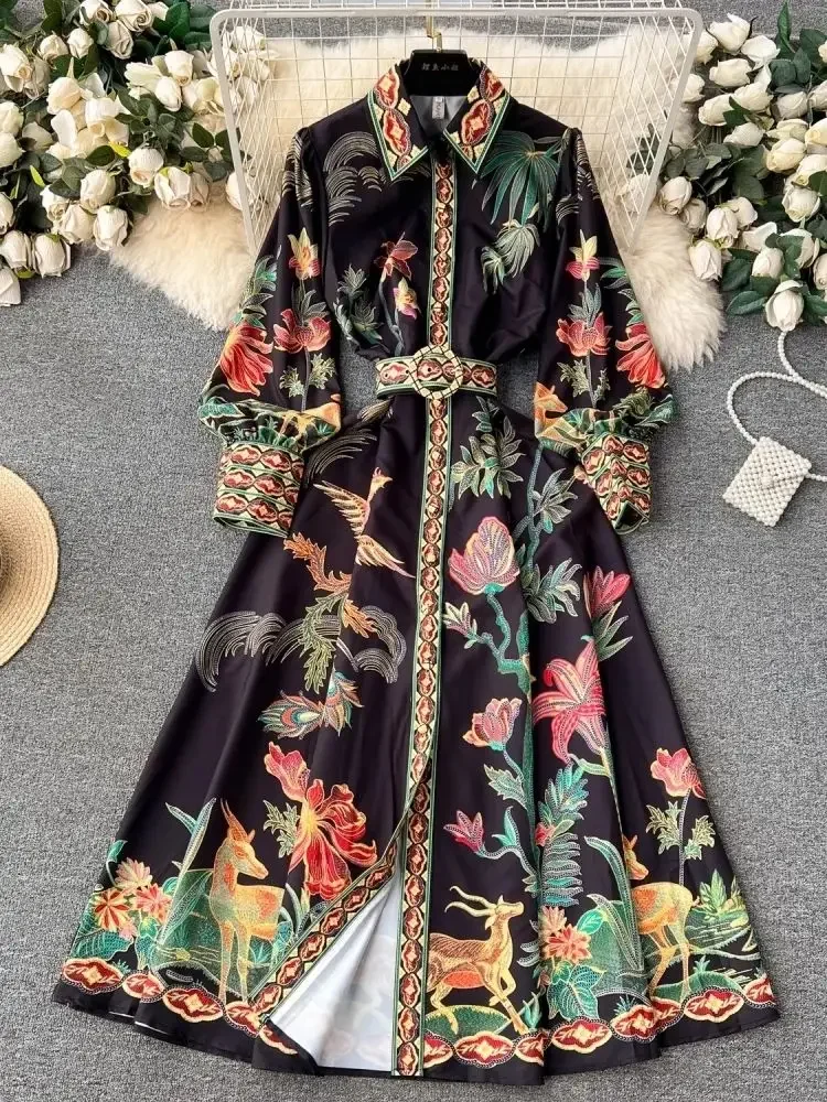 

New Fashion 2024 Bohemain Holiday Dress Women's Long Lantern Sleeve Single Breasted Flower Birds Print Belt Robe Maxi Vestido