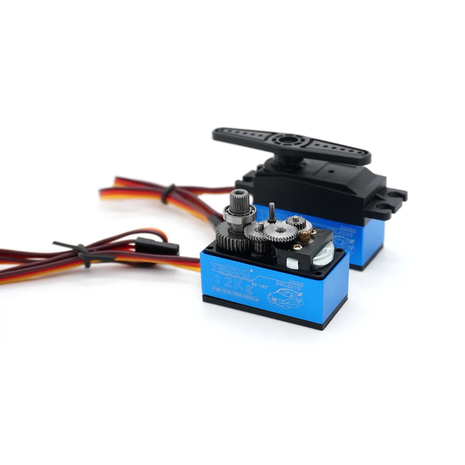 Servomoteur numérique 12KG corps court avec bras 25T pour modélisme RC, câble et connectique visibles