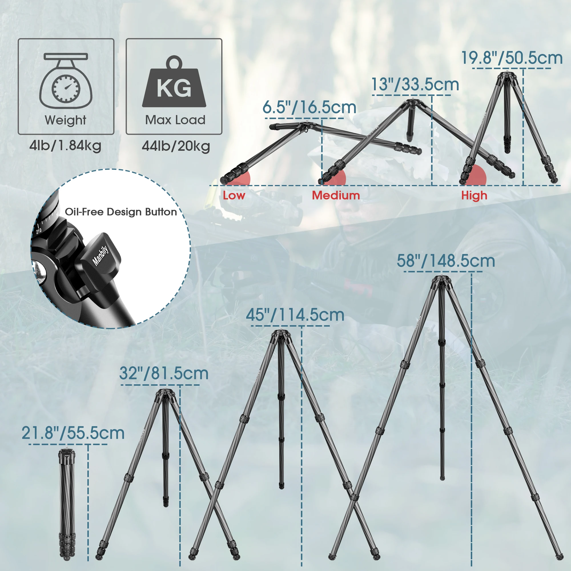 Manbily Heavy Duty Carbon Fiber Hunting Tripods for Outdoor Shooting DSLR Max Load 20kg