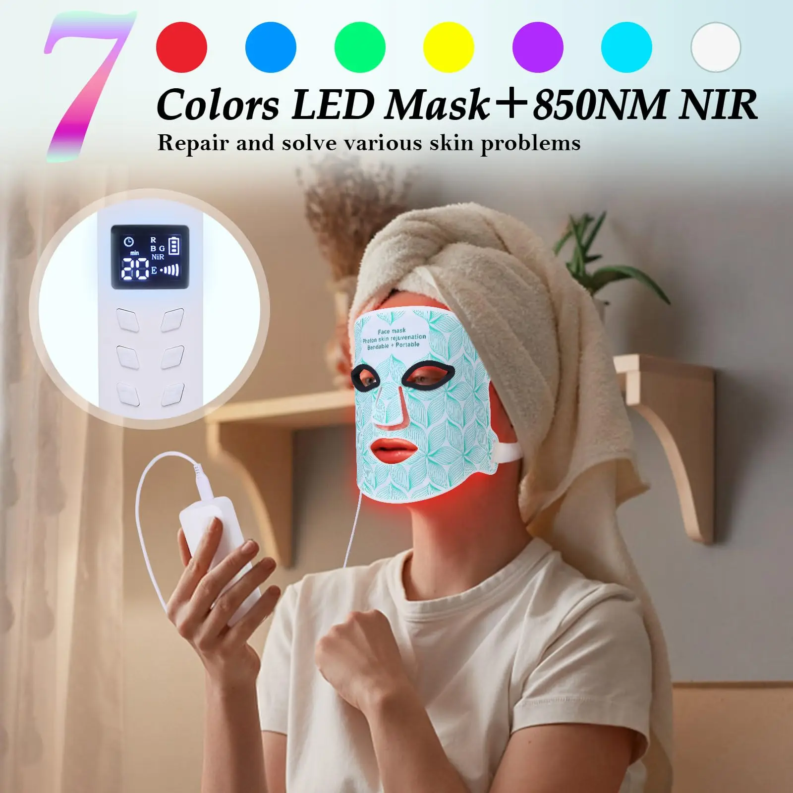 Red Light Therapy Face Mask Neck Led 8 Colors 850NM Near-infrared Red Light Therapy Mask Skin Care Device Anti-Aging