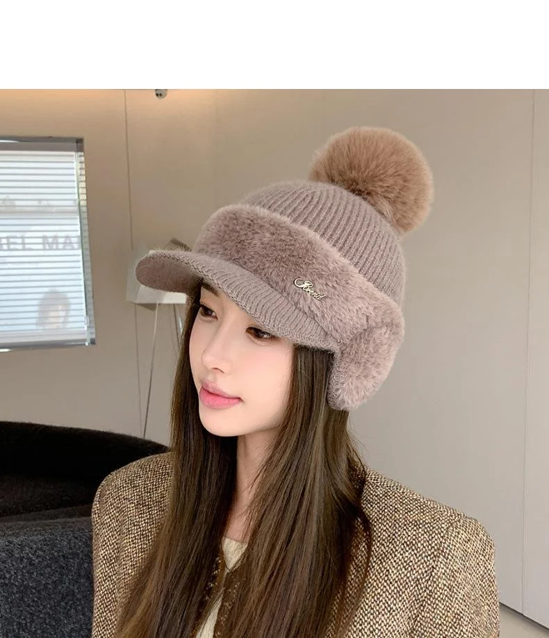 Nuovo berretto da baseball invernale in pelliccia di visone con protezione per le orecchie in pelliccia di coniglio per le donne, moda coreana, tinta unita, semplice cappello lavorato a maglia con palline di lana_voghion.com