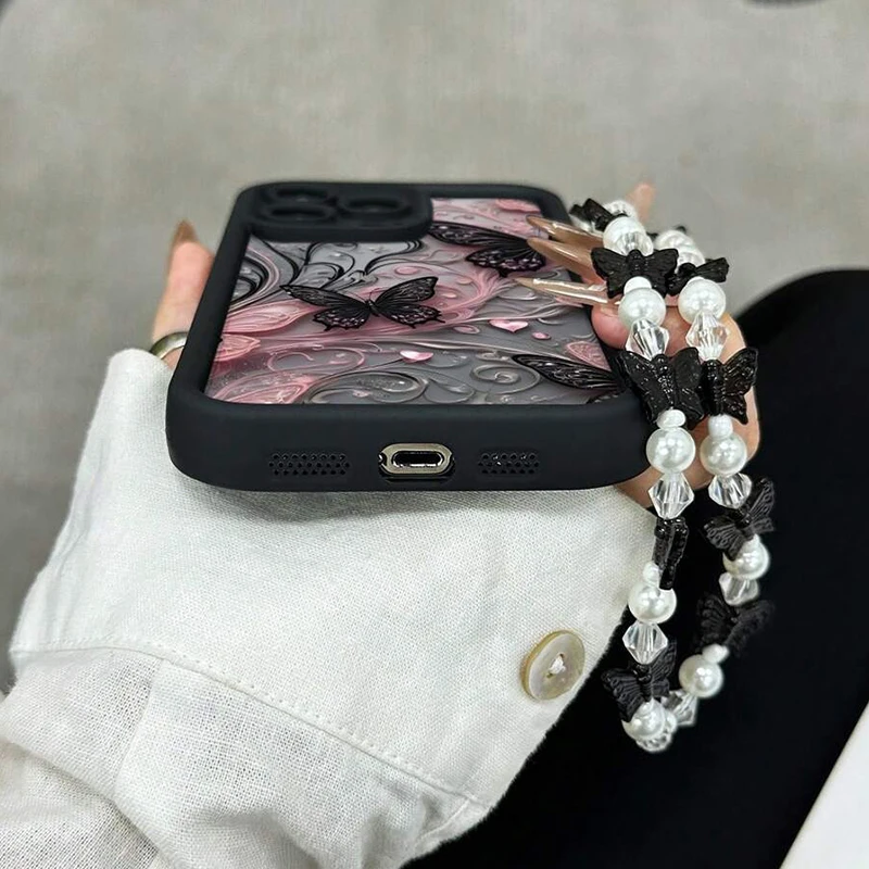 Elegant Black Butterfly Pattern Soft Phone Case with Butterfly Charm Cover