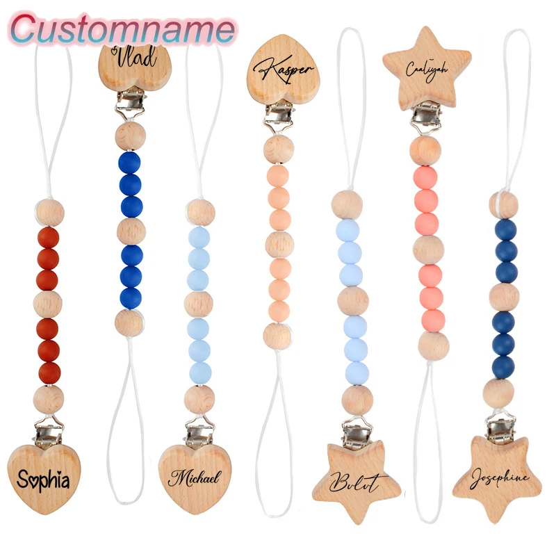 

DIY Baby Carve Custom Name Wooden Peach Heart Five Point Star Clip Pacifier Clip Crown Teething Chain Teether Clip Children Gift