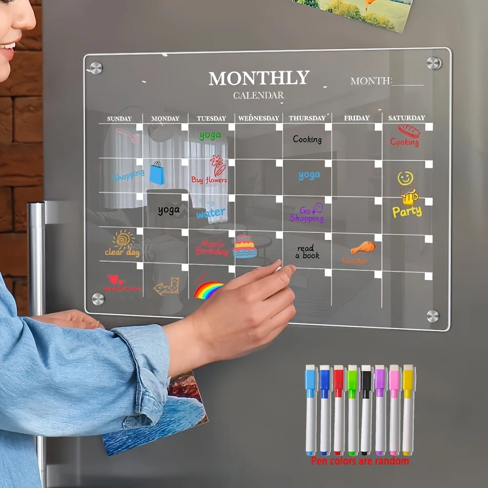 Magnetic Acrylic Dry-Erase Calendar-Clear Planner for Fridge, Ideal Kitchen Organizer for Home & Office with Marker Pen Included