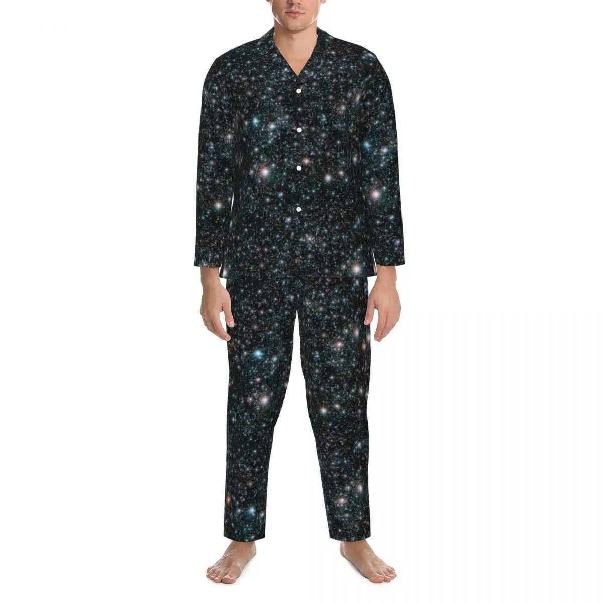 

Galaxy Stars Pajama Sets Stars Cosmic Outer Space Universe Black Sleepwear Men Long Sleeve Casual Loose Night 2 Piece Nightwear