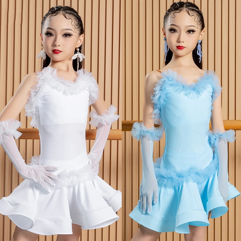 

Kids Girls Latin Dance Performance Clothes Sky Blue White Dress Gloves Suit Cha Cha Ballroom Dance Competition Dress DNV20011