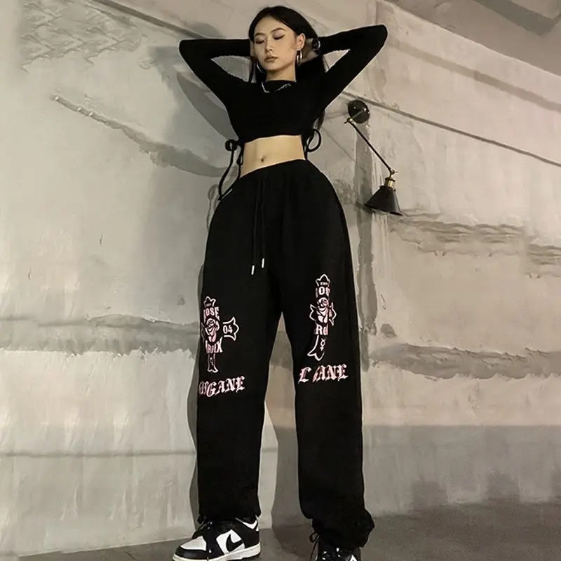 Hip Hop Vintage Women Black Sweatpants Korean Spring Autumn New Streetwear Fashion Printing High Waist Sports Casual Trousers