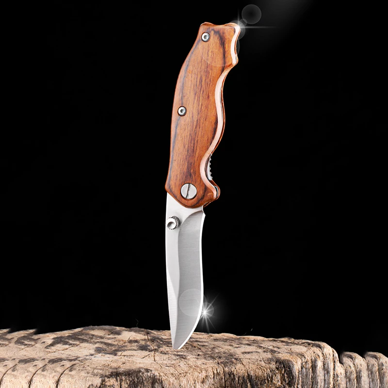 Folding Knife Pocket Knife Wooden Handle Tactical Survival Portable
