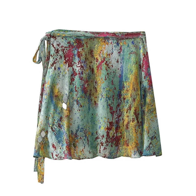 TRAF Vintage Print Short Skirt Woman Tied High Waist Mini Skirt For Women Fashion Mirror Appliques Summer Women\'s Skirts Sets