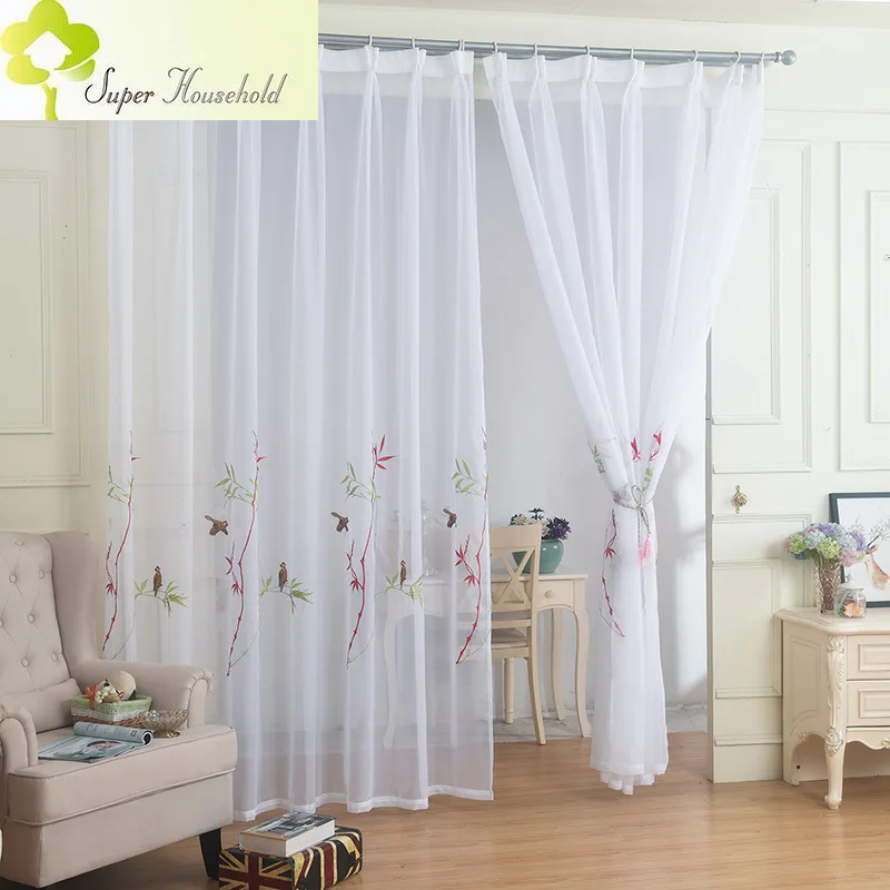 New Hand-painted Bird Embroidered Tulle Curtains for Living Room Simple White Sheer Window Curtain for Bedroom Voile Drapes