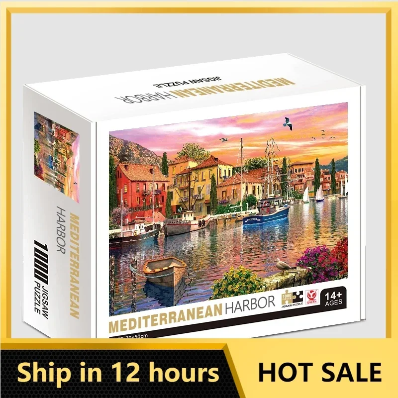 70*50cm Adult Puzzle 1000 Pieces Paper Jigsaw Puzzles Mediterranean Harbor Famous Painting Series Learning Education Craft Toys