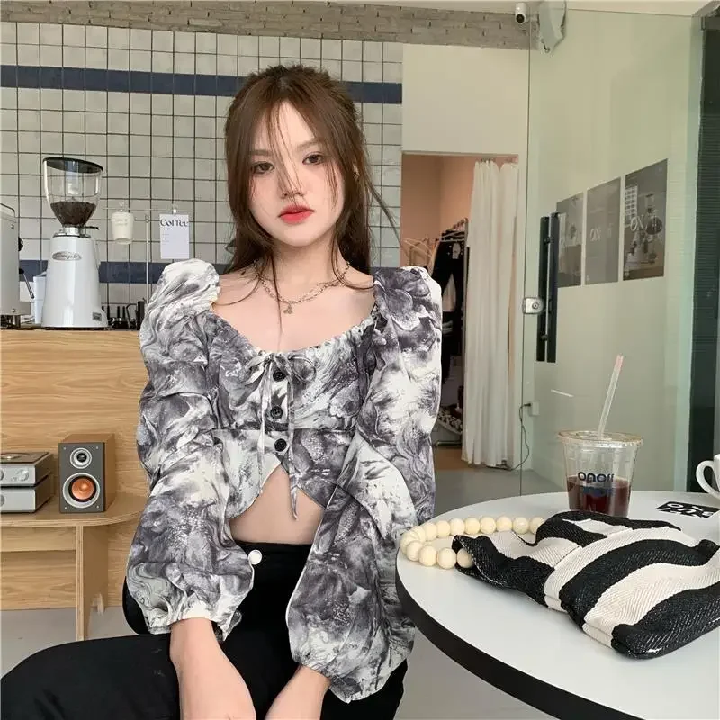 

Женский укороченный Топ с длинным рукавом, голубая пикантная одежда, шифоновые женские рубашки и блузки с цветочным узором, винтажная молодежная одежда, Y2k