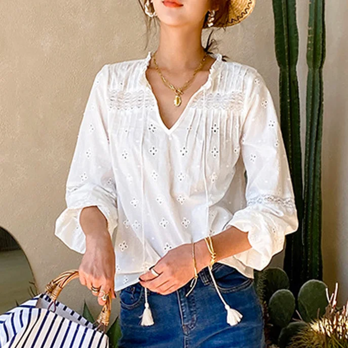 Teelynn 100% Cotone Ricamo Floreale Camicetta Di Pizzo Bianco Camicia Per Le Donne Vintage Scollo A V Manica Lunga Autunno Blusas Boho Top 2023