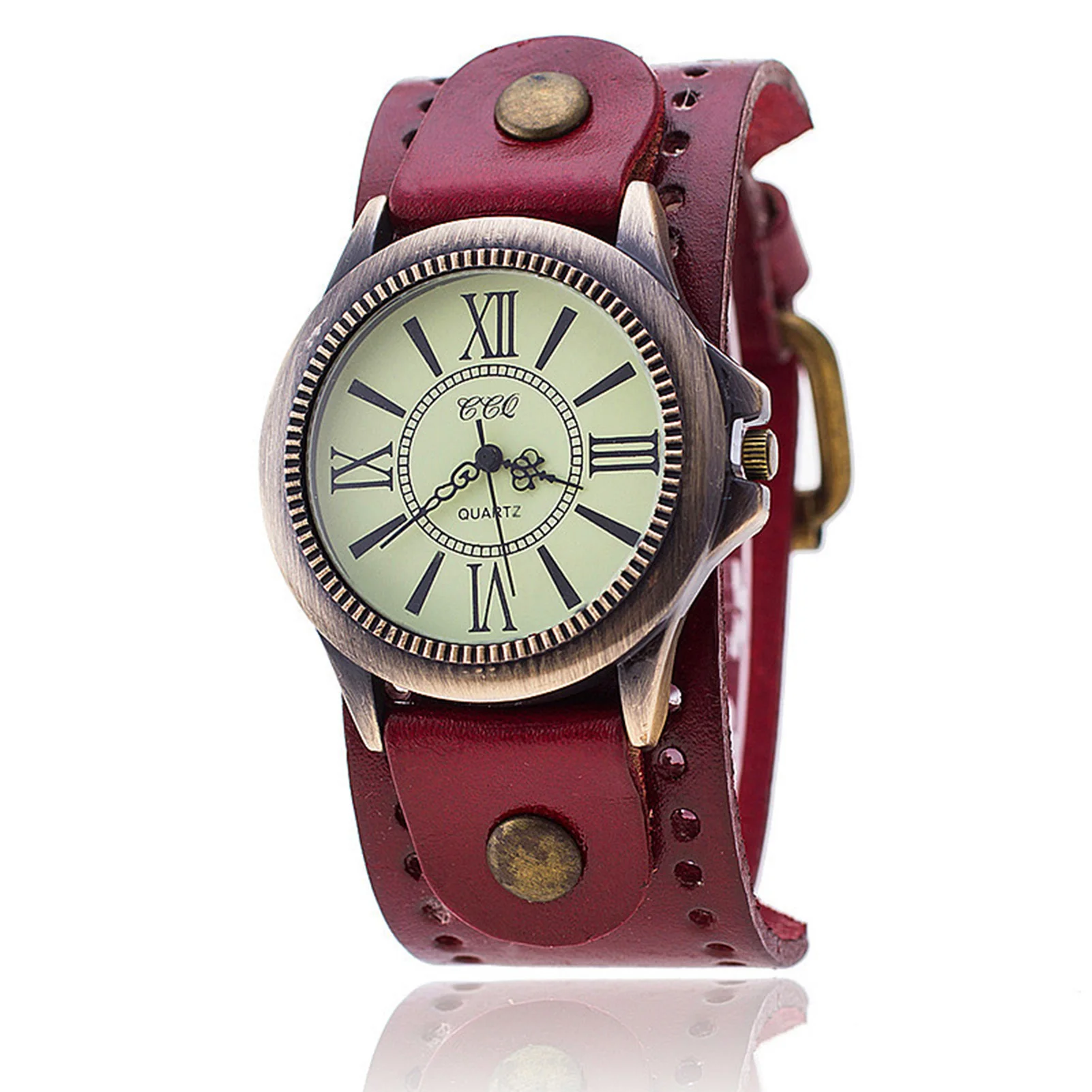 

Analog Quartz Watch Wide Leather Strap Band Cuff Roman Numeral Watches Birthday Gift n Women