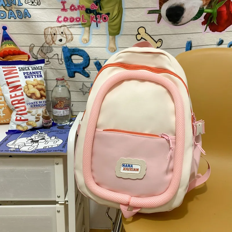 Schoolbag Student Backpack Color Contrast Minority Fashion Korean Version Large Capacity Versatile Backpack