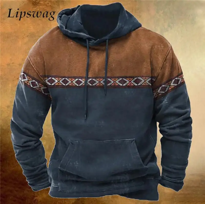 

Vintage Graphic Print Hoodie Men Casual Long Sleeve Drawstring Hoodies Oversize Mens Autumn Fashion Patchwork Hooded Sweatshirts
