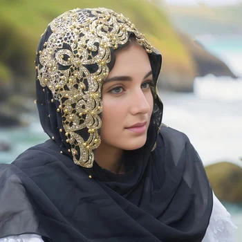 Women Soft Chiffon Rhinestone Long Scarf Fashion Muslim Hijab Head Wrap Bead Turban Shawl With Pendant