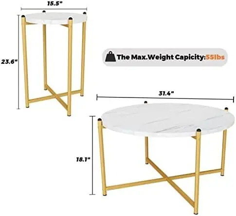Coffee Table Set of 3 Include Coffee Table & 2pcs Side Table Living Room Sets Faux Marble Tabletop and Metal Frame