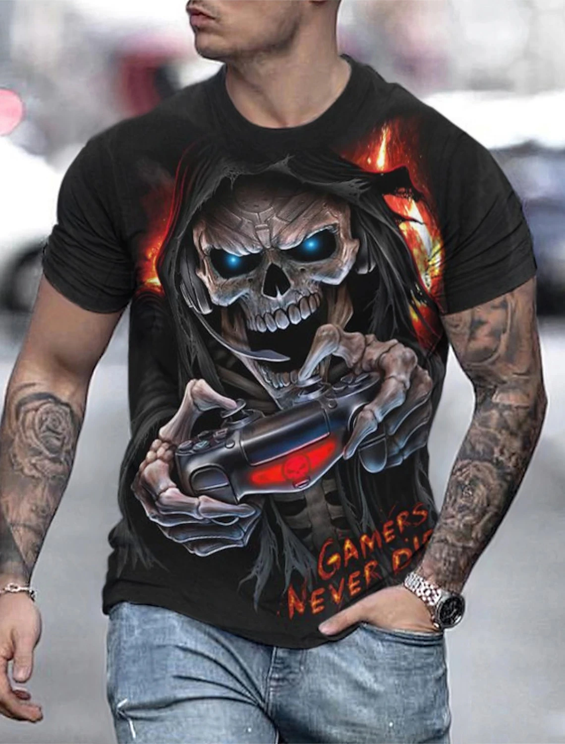

Male Skull T-shirt Material Quick Drying Cool Casual Summer Breathable Outdoor Trend Round Neck Personalized High Quality
