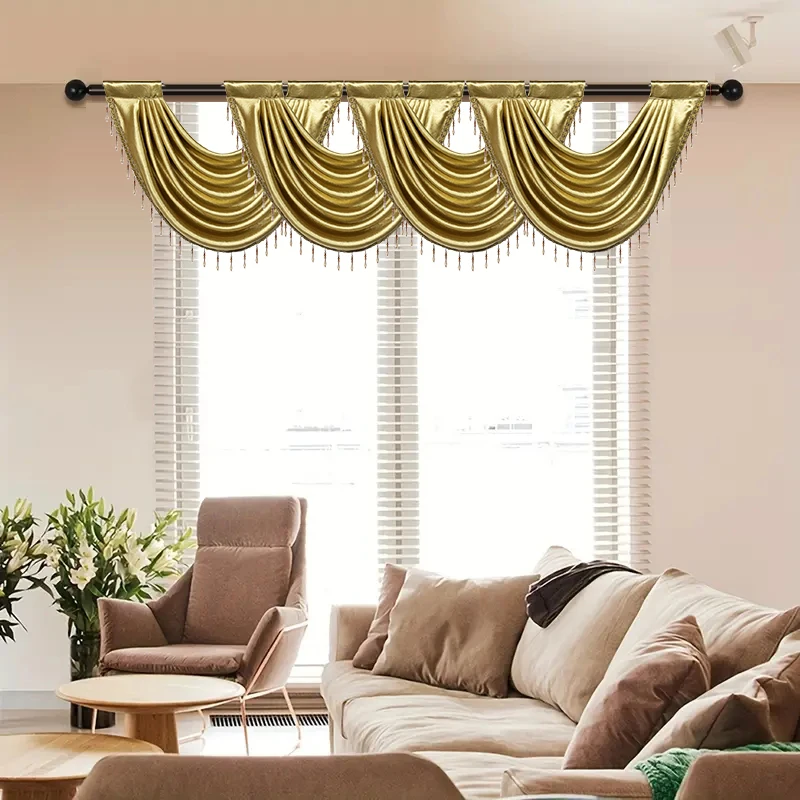 

1 Piece Gold Jacquard Single Swag Valance Curtain with Bead Bottom Tassel For Living Room Bedroom Kitchen Window Decoration