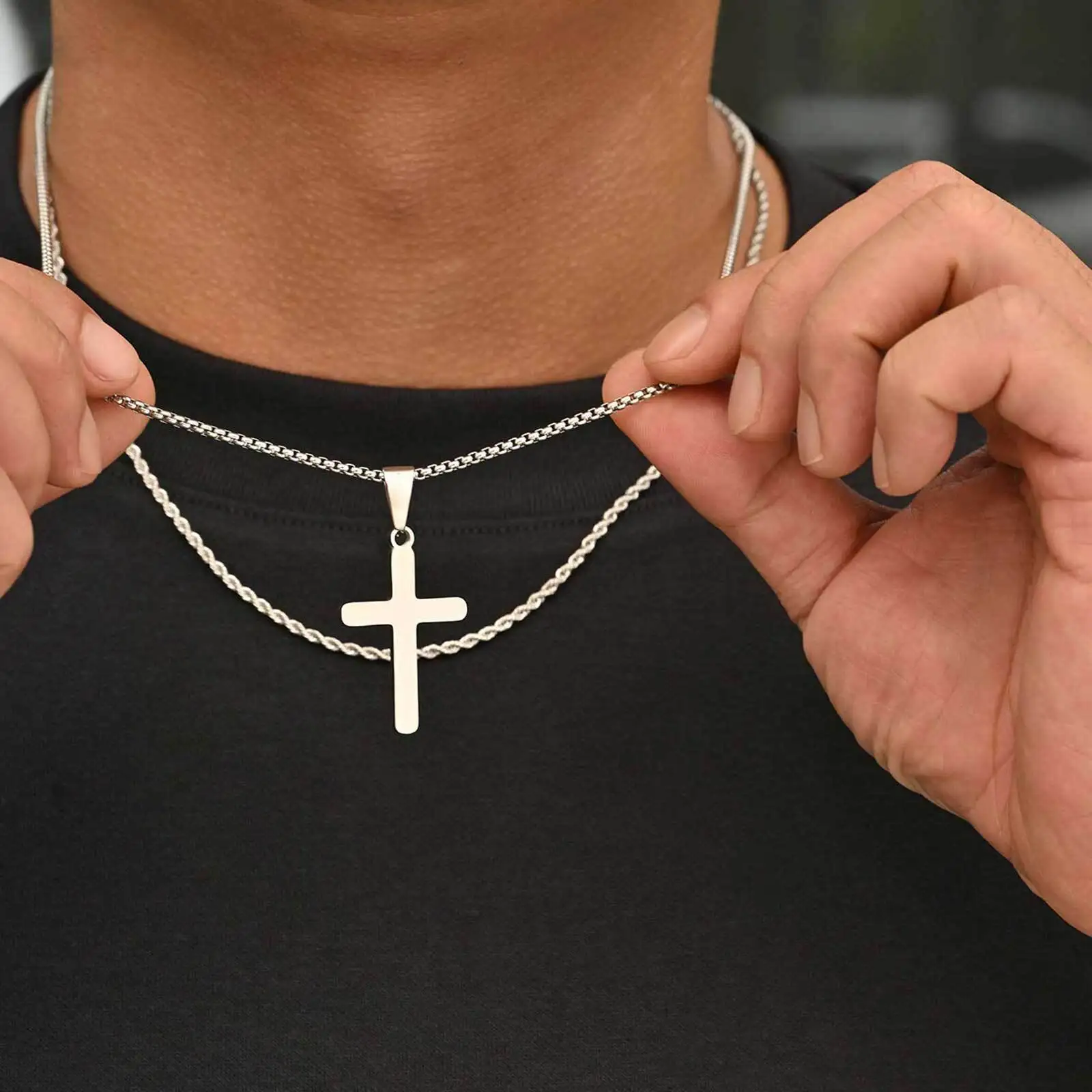 2pcs Men's Necklace,Waterproof Stainless Steel Cross Pendant Necklace,Birthday Party Jewelry Gift for Husband Dad Son BBF