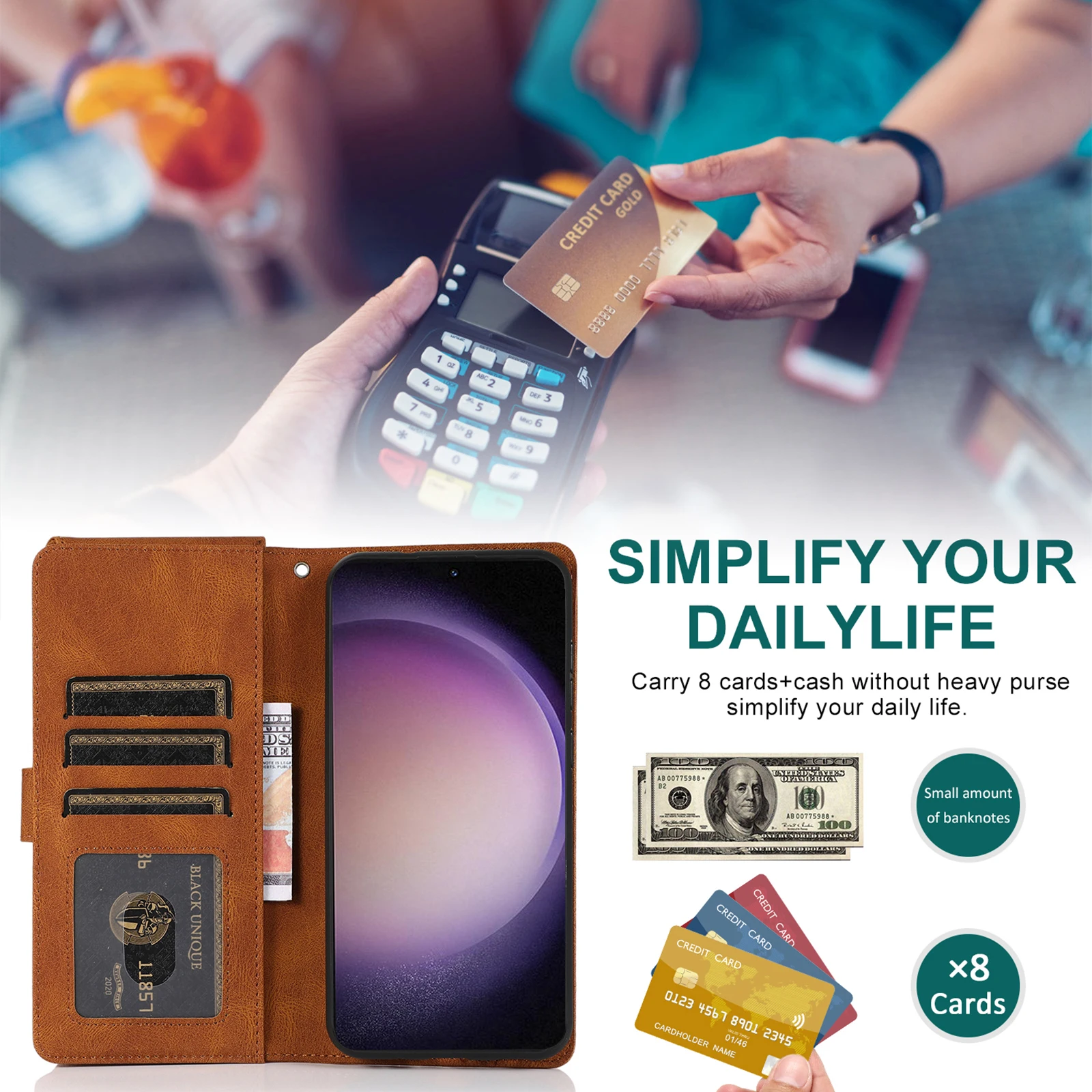 Luxurious Flip Cover Leather Wallet Phone Case with Zip Pocket and Vertical Stand