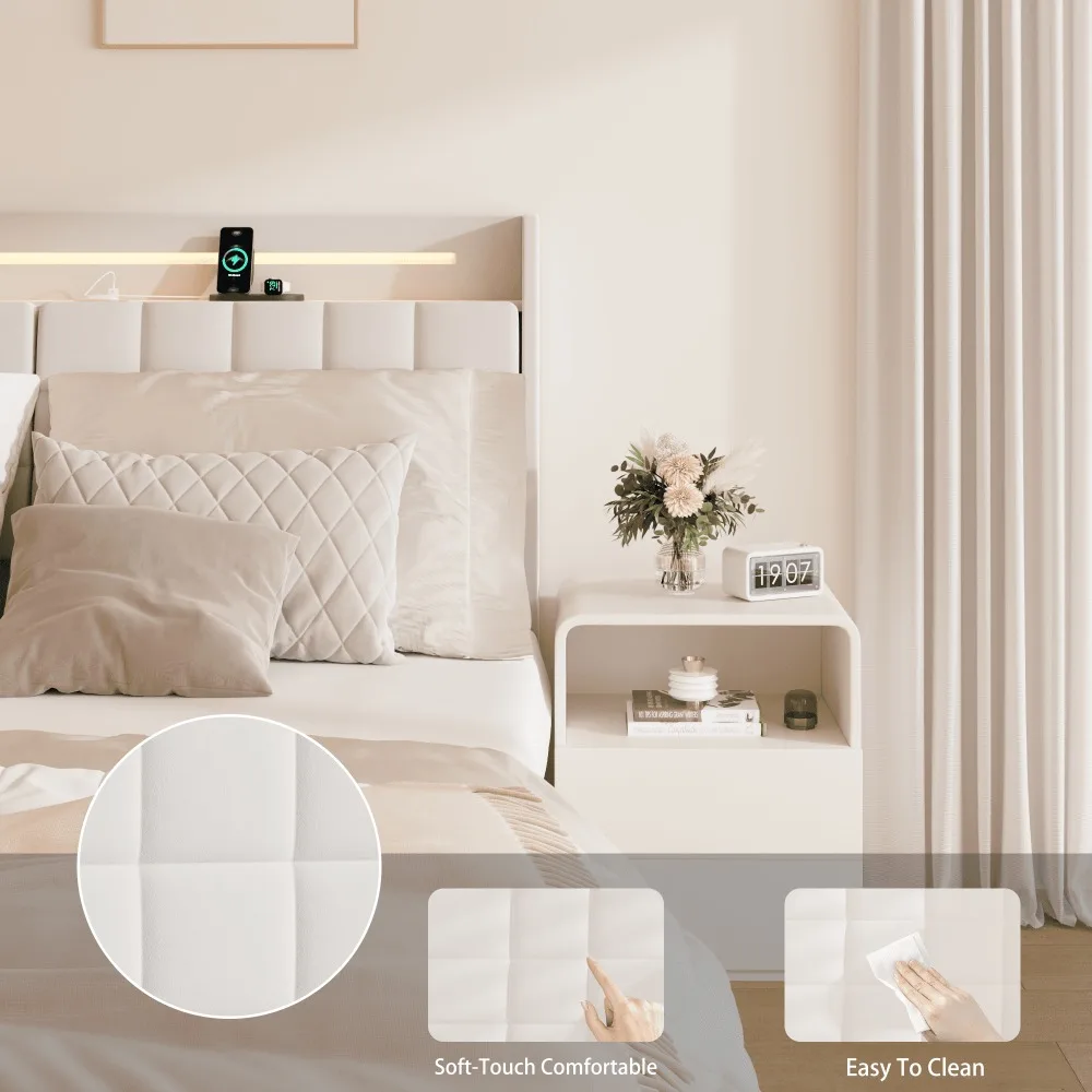 Wood Floating Bed with Hidden Storage Headboard, LED Light, USB Ports for Adult, Beige 3